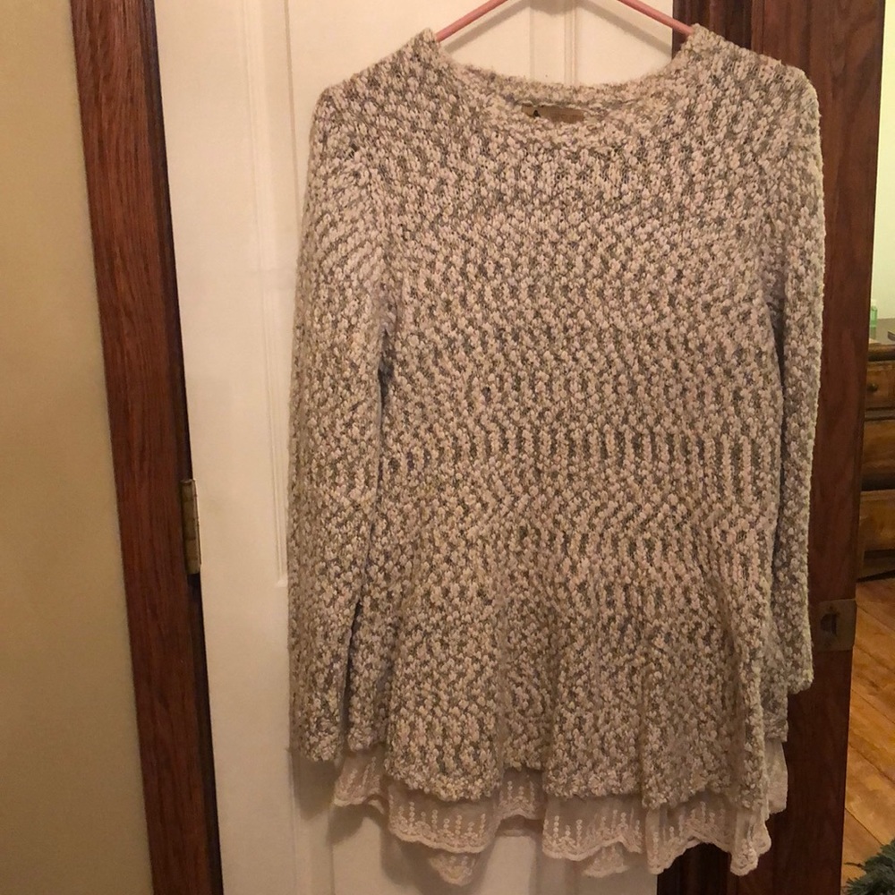 Sweater.  Beige cream tweed lace ruffle at bottom